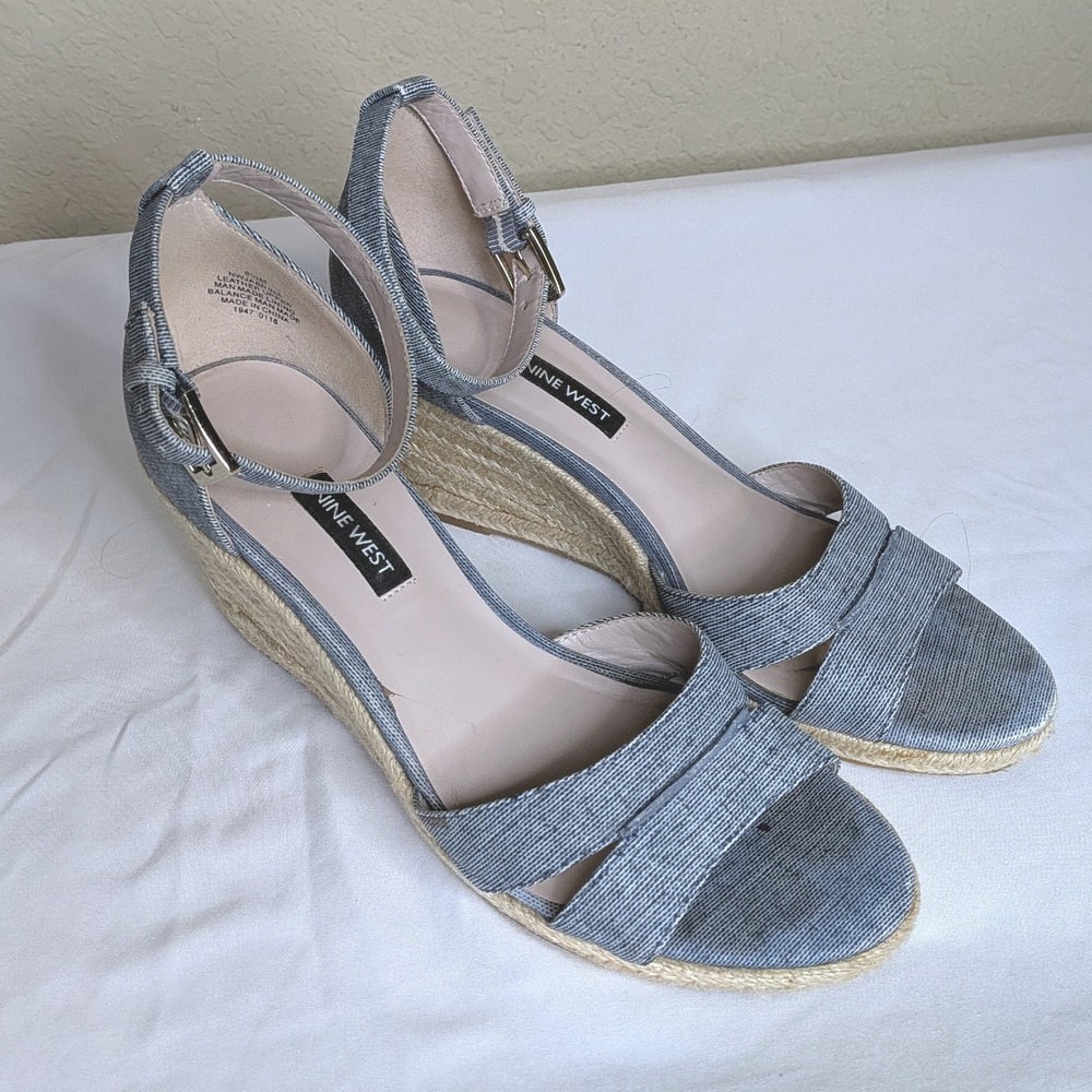 Nine West Denim Espadrille Wedge Sandals Sz 8.5‎ Ankle Strap Crisscross Heels